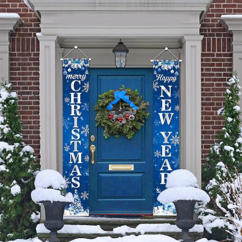 Blue Christmas Porch Banner - Merry Christmas Door Decorations for Blue Holiday Xmas Party