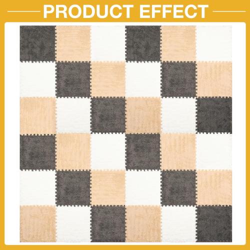 ZENOWICK 36 Pcs Plush Interlocking Carpet Tiles, Puzzle Play Mats for Floor | Anti-Slip Shaggy Foam Carpet Tiles for Toddler Baby, EVA Foam Tiles for Nursery, Playroom(Grey White Light Brown)