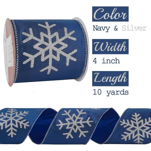 MEEDEE 4 Inch Navy Blue Snowflake Ribbon Navy Satin Wired Christmas Tree Ribbons with Silver Glitter Snowflake 10 Yards Blue and Silver Ribbon for Holiday Crafts, Garlands, Large Tree Topper Bow