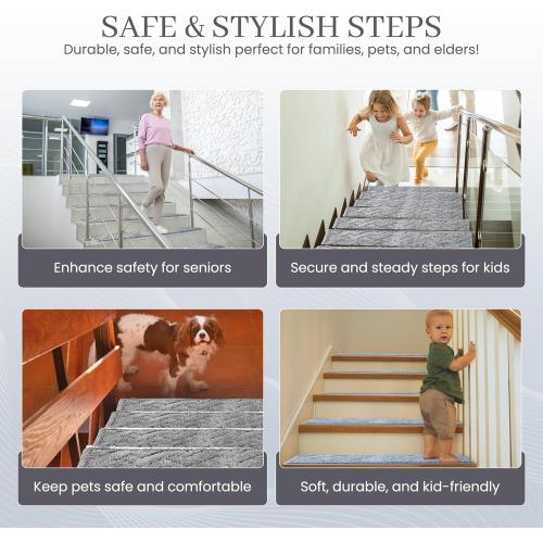 Carpet Non Slip Stair Treads Indoor – Washable Thicker Polyester Fiber Fade Resistant Stair Rugs for Kids Elders and Pets – 9 X 30 Size Rugs Pack of 15