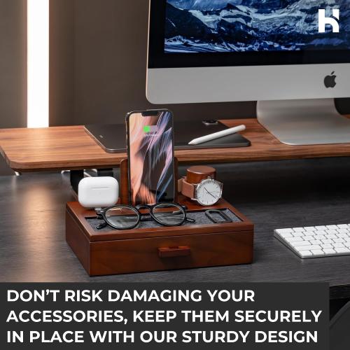 Holme & Hadfield Premium Wooden Phone Docking Station with Drawer – Nightstand Organizer for Charging Phone & Earbuds – Declutter Your Space with Felt-Lined Protection & Watch Pillar - Gift For Men