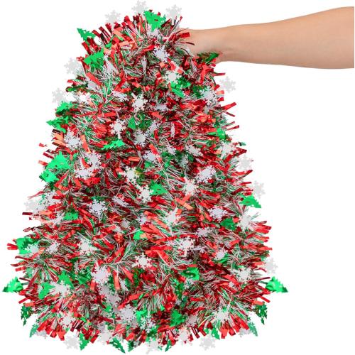 33 FT Christmas Tinsel Garland, Red Green White Metallic Twist Foil Tinsel Garland with Snowflake and Xmas Tree Hanging Decoration for Christmas Tree Wedding Birthday Home Party Decoration