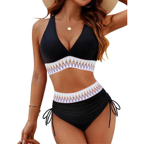Size L Blooming Jelly Women High Waisted Bikini Sets Tummy Control Swimsuits Color Block Two Piece Drawstring Bathing Suit