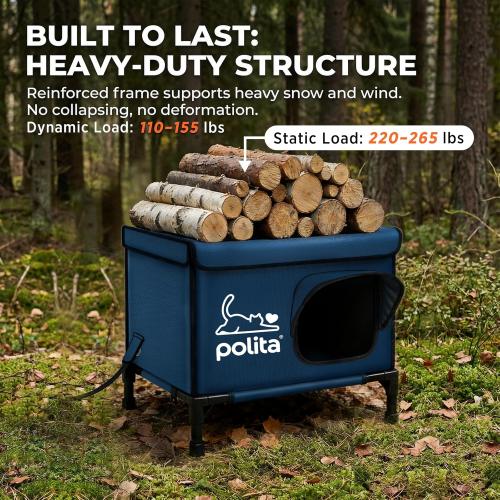 Polita Indestructible Heated Cat House for Outdoor Cats All Seasons, Extremely Insulated & 100% Weatherproof, Elevated Feral Cat Shelter with Waterproof Eaves &Safe Escape Door for Stray & Barn Cats​​