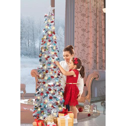 HMASYO 5 FT Pop Up Christmas Tree with Timer Lights, Silver Christmas Tinsel Tree, Collapsible Artificial Pencil Christmas Tree for Indoor Home Apartment Porch Holiday Party Decorations