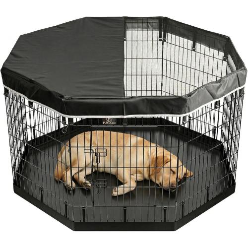 PJYuCien Dog Playpen with Top Cover and Bottom Pad - Metal Foldable Exercise Pen, 8 Panels 36 H x 24 W Indoor Outdoor Pet Fence Puppy Crate Kennel, Black