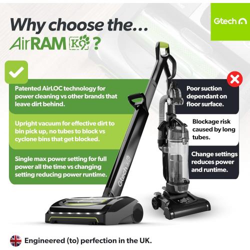 Gtech AirRAM 2 K9 Cordless Vacuum Cleaner with Scented Cartridges - Removes Tough Pet Hair - Perfect for Carpet and Hardwood Floors - Rechargeable 22v Li-ion Battery - Lightweight (7 lbs.)