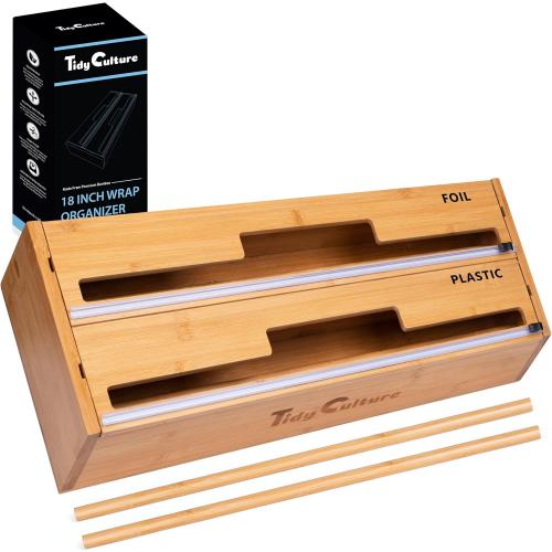 18 Inch Large Foil Wrap Dispenser with Cutter, 2 in 1 Aluminum Butcher Parchment Paper Freezer Tin Wax Cling Foil Plastic Wrap Organizer for Kitchen Drawer Bamboo Saran Storage Roll Holder