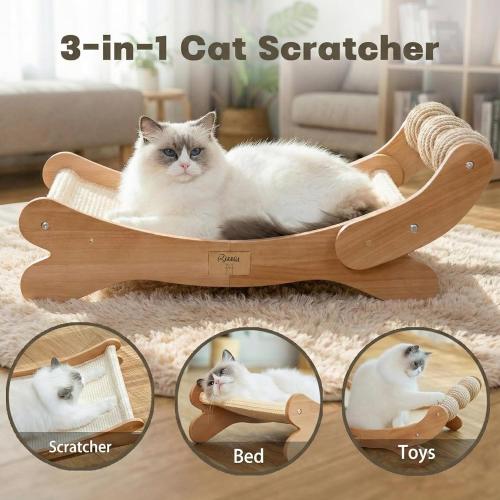 ‼️has mild fur ‼️Sisal Cat Scratcher Bed with 3 Toy Balls for Indoor Cats, Durable Wooden 3-in-1 Hammock Lounge & Scratch Pad - Modern Furniture for Large Cats, Scratching Post Lounger