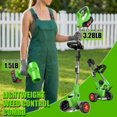 Cordless Weed Wacker Electric Battery Powered 21V Lightweight Electric Weed Trimmer with 2 Battery Operated Leaf Blower Weed Storage Bag Grass Trimmer/Edger Lawn Tool/Brush Cutter for Garden Yard