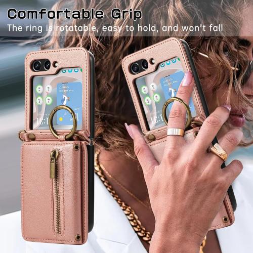 Compatible with Samsung Galaxy Z Flip 6 5G 2024 Wallet Case and Crossbody Shoulder Strap Ring Buckle Hinge Protection Stand Card Holder Phone Cover for ZFlip6 Z6 G Flip6 6Z Women Girls Men Rose Gold