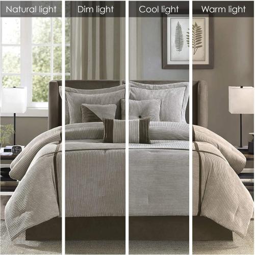 Queen Madison Park Cozy Comforter Set Casual Blocks Design All Season, Matching Bed Skirt, Decorative Pillows, Dallas Corduroy, Taupe Brown, 7 Piece