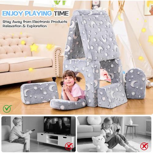 10 Pcs Color Grey  Modular Kids Play Couch,Toddler Couch Kids Sofa,Child Sectional Sofa,Bedroom and Playroom Furniture for Toddlers,Convertible Foam and Floor Cushion for Boys and Girls,Glow in The Dark,Star