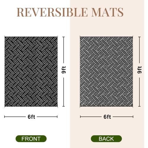 Black and Grey OPPODREAM Outdoor Rug, Waterproof Outdoor Plastic Straw Rug for Patio, Reversible Out Door Carpet for Camping, Deck, Rv, Area Carpet for Balcony, Porch, Backyard, Black and Beige