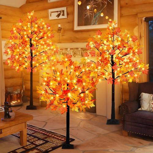 3 Pack Lighted Maple Tree, 4FT 5FT 6FT Artificial Fall Tree With 216 Lights and Timer for Autumn Home, Living Room, Patio, Porch, Garden, Wedding Indoor Outdoor Decor