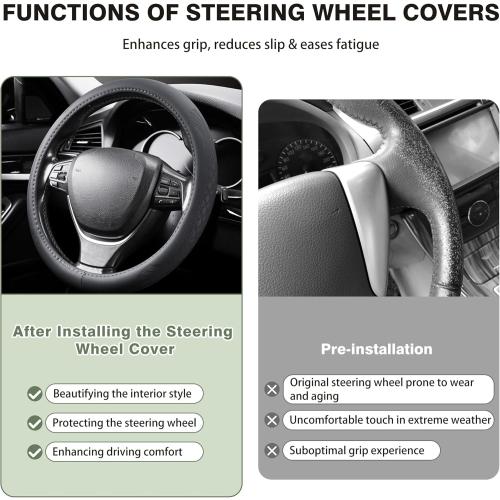 【2025 Model】 Breathable Soft Leather Car Steering Wheel Cover for Men Women, Non-Slip, Comfortable,Universal 15 inches Steering Wheels, Black