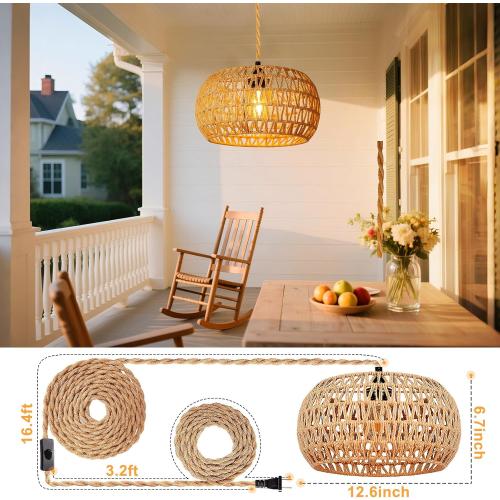 Hanging Lamps Rattan Pendant Light Hanging Lights 16.4ft Plug in Cord Pendant Light Fixture Plug Into Wall Outlet Pendant Lighting with On Off Switch for Bedroom Living