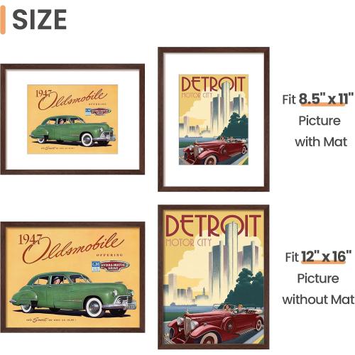 12x16 Picture Frame, Display Pictures 8.5x11 with Mat or 12 x 16 Without, Wall Hanging Poster Frames, Brown, 1 Pack