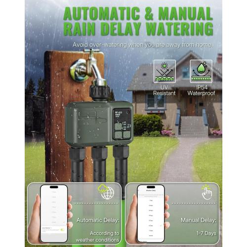WiFi Water Timer for Garden Hose, Sprinkler Timer 3 Zone, 984ft RF Range, 3 Outlet Smart Hose Watering with APP WiFi Irrigation Controller, Automatic Irrigation System/Rain Delay/Manual Watering