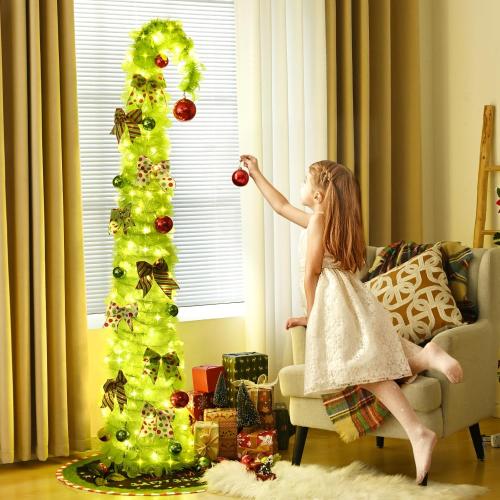 NatuBeau 6FT Lime Green Pop Up Christmas Tree with 150 LED Lights & Remote, Collpsible Bendable Whimsical Christmas Tree with Ball Ornaments Bows for Indoor Outdoor Home Decor