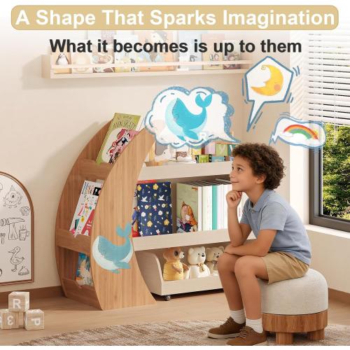 Kids Bookshelf with Toy Storage and Movable Drawer, Wooden Montessori Bookcase Organizer for Toddlers and Children