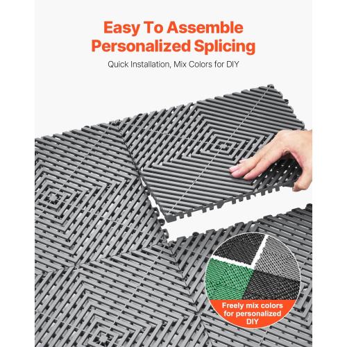 VEVOR Interlocking Drainage Mat, 12” x 12” Modular Interlocking Cushion, 24 Pcs Splicing Drainage Mats, Non-Slip Gray PP Drainage Floor Tile and Shower Mat, for Garage, Garden, Kitchen & Outdoor