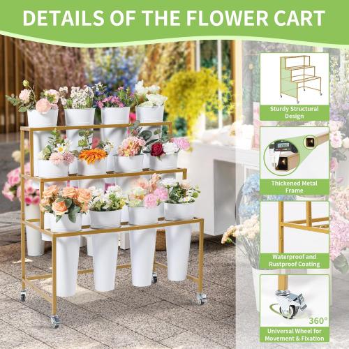 Flower Cart Display Stand, 3 Layers Metal Flower Bar Stand with 360° Swivel Wheels and Brake, Flower Display stand with Iron Buckets, Durable than Plastic Buckets, Flower Holder for Florist or Wedding