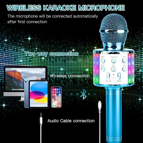 ShinePick Karaoke Microphone, 4 in 1 Wireless Microphone with LED Lights Handheld Portable Karaoke Machine, Home KTV Player, Compatible with Android & iOS Devices(Blue)