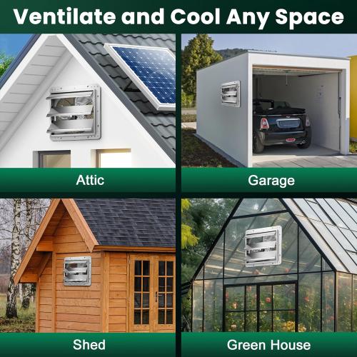 10 Solar Exhaust Fan for Greenhouse with Battery and Adjustable Thermostat, Attic Fans for Garage and Shed with 2PCS 15W Bifacial Solar Panels