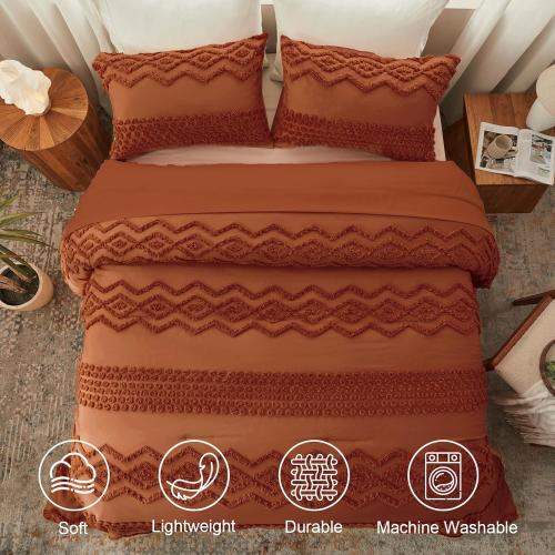 Luxudecor Terracotta Boho Tufted Comforter Set Boho Shabby Chic Comforter Farmhouse Embroidery Bedding Set Soft Comforter for All Seasons (Terracotta)