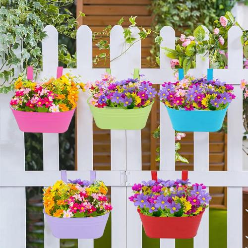 5 Pcs Hanging Flower Pot, Metal Iron Bucket Fence Hanging Planters for Outdoor Plants, Planter Box with Detachable Hooks for Railing Balcony Garden Yard