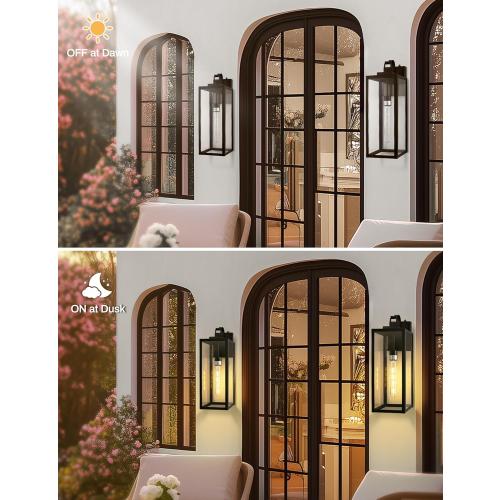DORESshop 20 Inch Large Size Dusk to Dawn Outdoor Wall Lights, Matte Black Waterproof Anti-Rust Outdoor Light Fixtures Wall Mount with Clear Glass Shade for Porch, with T30 Light Bulbs, 2 Pack