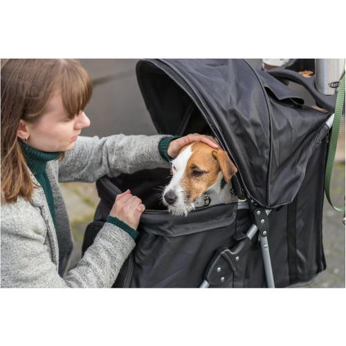 TRIXIE Foldable Pet Stroller for Cats and Dogs, Pet Carrier Strolling Cart with Weather Cover, Storage Basket, Cup Holder, Black