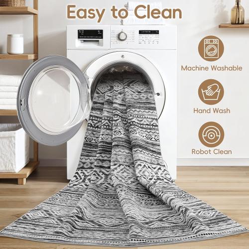 5x7 Area Rug for Living Room, Washable Non-Slip Large Area Rug, Indoor Floor Carpet Low Pile Soft Boho Farmhouse Rug for Bedroom Dining Room （White/Black，5x7）