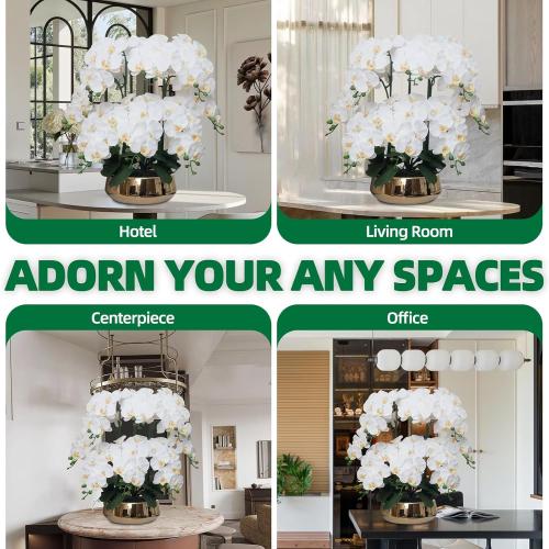 Orchids Artificial Flowers in Large Ceramic Vase 24.8'' Faux Orchid Plant | Large White Fake Silk Phalaenopsis Flower Arrangements for Home Office Centerpiece Decor (Large Realistic Petals, 8 Stems)
