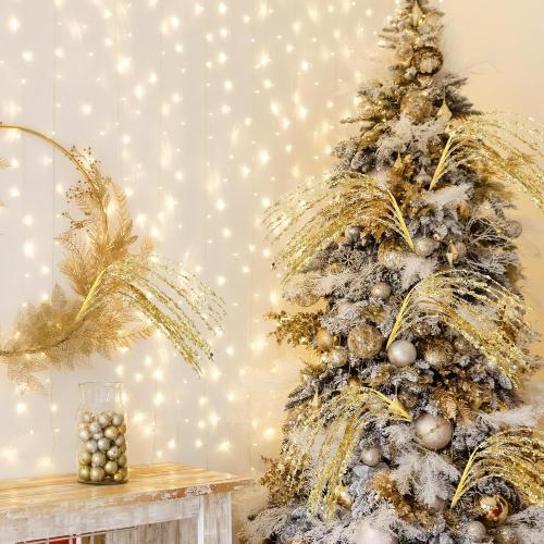 6 Pcs Gold Glitter Christmas Picks and Sprays 23.62 Artificial Sequins Twigs Stems Ornaments Decorative Willow Ting Branches for Xmas Tree DIY Wreath Crafts Tree Topper Vase Filler Decor