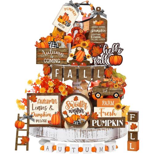 Maitys 21 Pcs Thanksgiving Tiered Tray Decor Set Fall Pumpkin Gnome Truck Scarecrow Wood Sign Rustic Farmhouse Decor Hello Fall Wood Bead Decorative Tabletop Sign for Autumn Thanksgiving Day(Vintage)