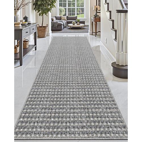 DEXI Hallway Runner Rug 3.3x10, Woven Braided Farmhouse Runner Carpet Indoor, Absorbent Thin Long Entryway Runners for Kitchen, Laundry Room, Patio Entrance, Checkered Grey