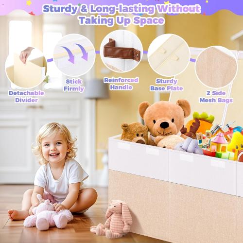 Extra Large Toy Storage Box with Lid, Collapsible Sturdy Toys Chest Storage Organizer Bin Basket with Divider for Kids, Boys, Girls, Closet, Playroom, Bedroom, Nursery, 40X14X16, Beige & White