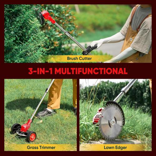 SakerPlus Wireless Weed Cutter, 24V Cordless Electric Grass Trimmer Weed Eater Wacker with 2 Batteries, 3-in-1 Lightweight Brush Cutter/Lawn Mower/Edger with Wheels for Lawn, Garden & Yard(Red)