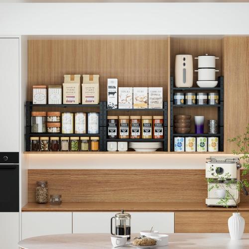 Expandable Stackable Aadjustable Shoe Rack Pantry Shelf for Kitchen Cabinets Counter Shelves Countertop Cupboard Storage Solution,Sturdy Heavy-Duty Metal Construction(3Packs/Black/Medium)