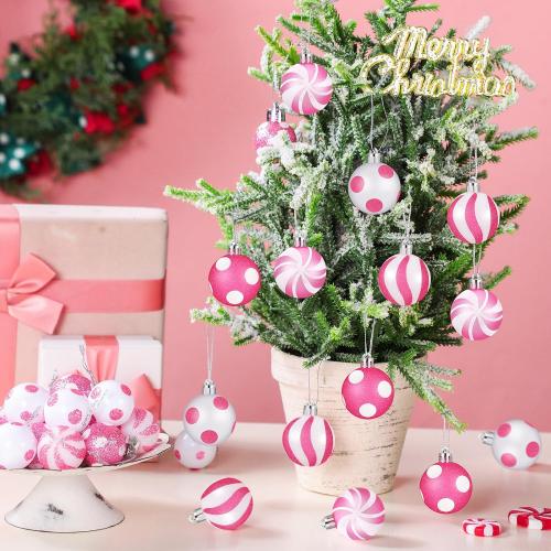 Lenwen 54 Pcs Christmas Balls Ornaments Mini Pink and White Christmas Tree Ornaments Xmas Striped Dots Shatterproof Plastic Hanging Ornaments for Tree Holiday Party Christmas Decorations, 1.18inch