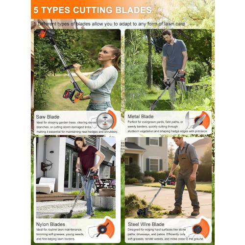 Cordless Weed Wacker with Wheels, 880W Electric Weed Eater Battery Powered with 2 x 21V Batteries, 3-in-1 Grass Trimmer/Brush Cutter with 5 Types Blades for Lawn, Yard & Garden