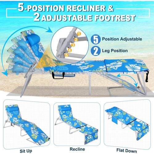 Luxfero 3-in-1 Beach Lounge Chair with Umbrella, Sun Tanning Chair with Face Hole&5-Position Recliner, Folding Lounge Chair Outdoor Lay Flat, Max 350lbs,Portable Tanning Chair with Pillow&Pocket-Blue