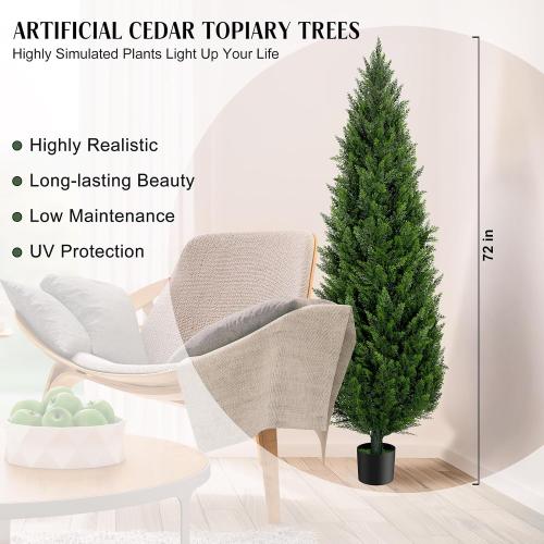 AOKIIE 6FT Artificial Cedar Topiary Trees Set of 2，72 Inch Tall UV Protection Fake Cypress Trees for Outdoors, Realistic Potted Pine Plants for Patio, Porch, Home, Doorway Decor