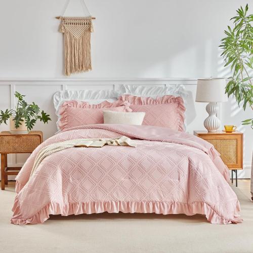 Tufted Ruffle Comforter Set Twin Size, Blush Pink Ruffled Farmhouse Comforters, Luxury Solid Soft and Embroidery Shabby Chic Boho Bohemian Bedding Set for Girls