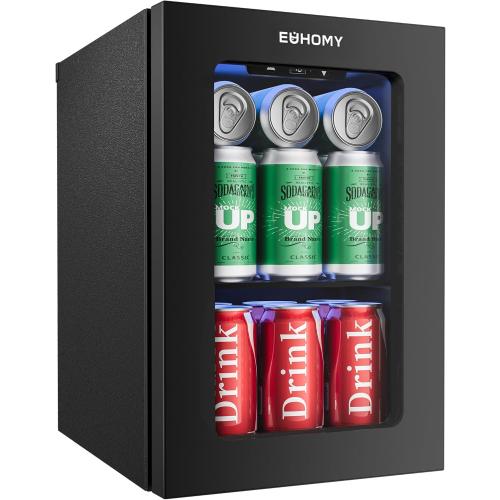 EUHOMY Size 18L Color Black  Beverage Refrigerator Cooler, 24 Cans Mini Fridge with Quiet Compressor, Countertop Small Fridge with 40°F-61°F Digital Temperature Control, LED Lgiht for Home, Bar, Office