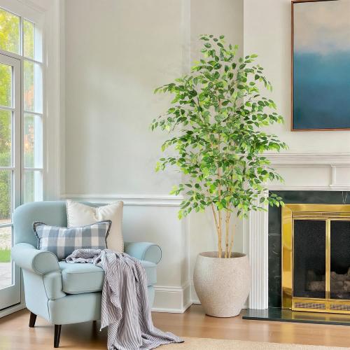 Nafresh Tall UV Resistant Ficus Tree Artificial Realistic Texture Potted Faux Ficus Tree， Fake Trees Indoor Outdoor for Home Office Living Room Bedroom Foyer Porch Decor.