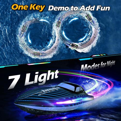 30KMH RC Remote Control Boat with 7 LED Light Modes Waterproof Electric Fast Speed Boat for Adults Kids 8-12 Lake Pool Water Play,Self-righting,Demo,Water Cooling,20Mins,Low Battery Alert,2.4Ghz,Blue