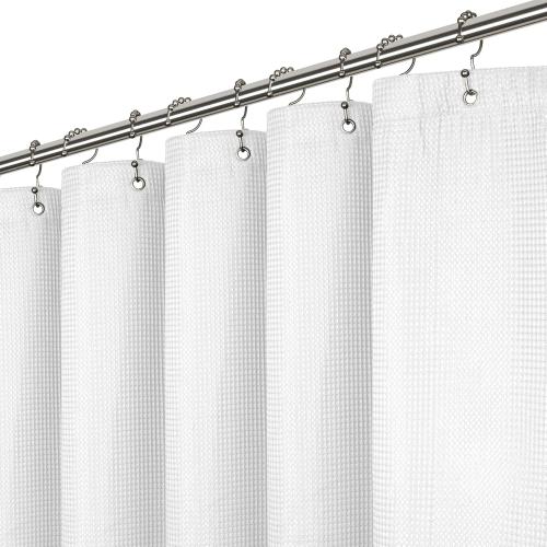 White 72x72 LiBa Waffle Weave Fabric White Shower Curtain, 72 W x 72 H Water Repellent & Heavyweight, Hotel Quality & Cloth Linen Shower Curtains Set and for Bathroom